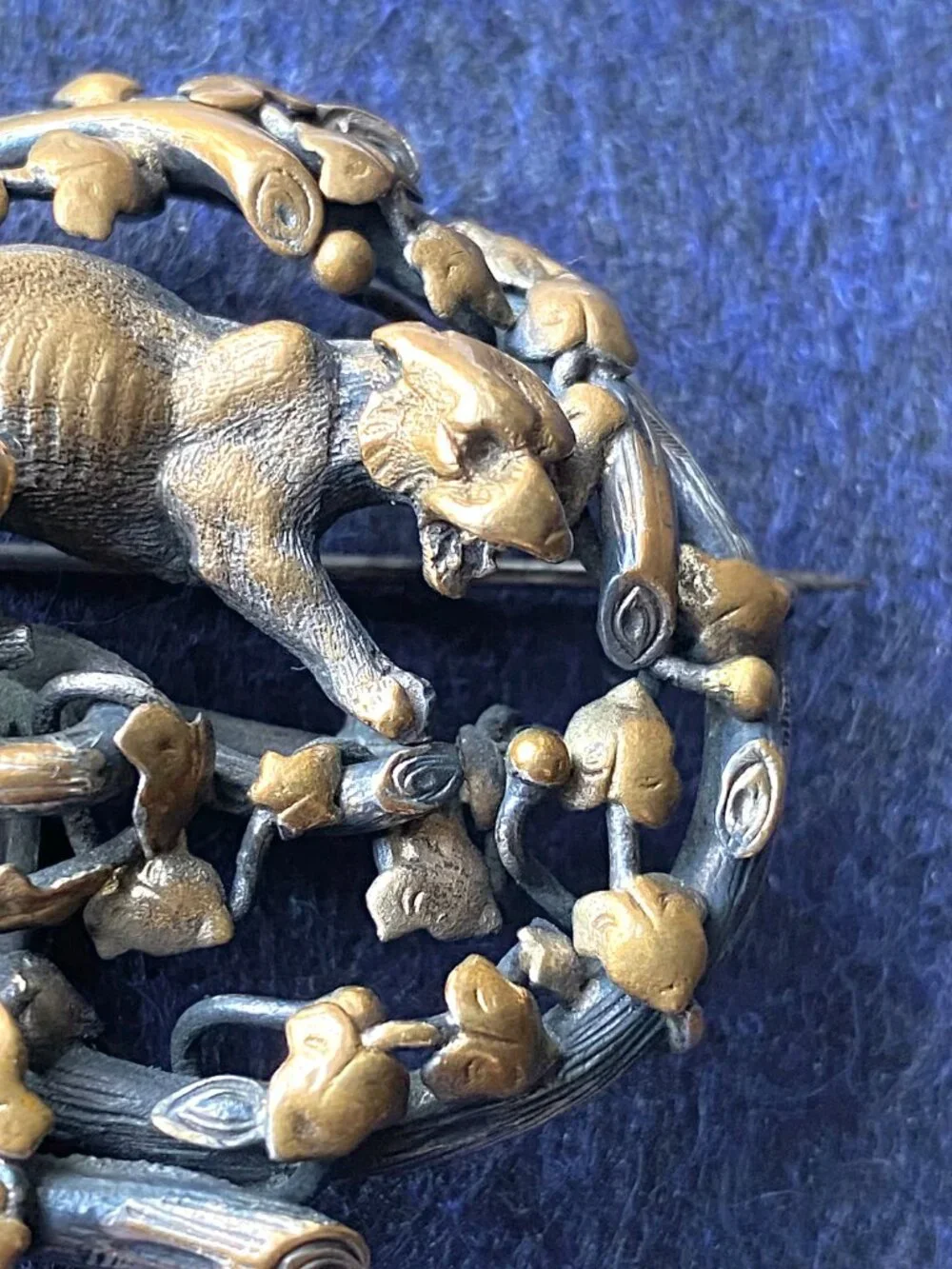 Sculptural Bronze/Copper Brooch with Cougar, Ivy, and Branches